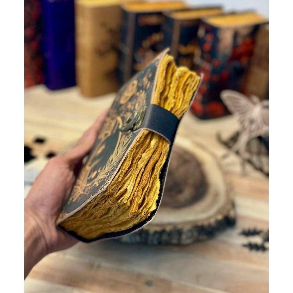 Grimoire Journal Leather Print Caltic Cat Journal Blank Spell Book of Shadows