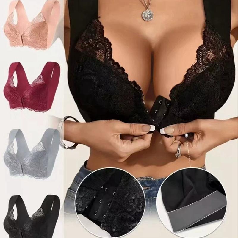 Women Lace Gathered Front Buckle Bra Wide Strap Bra