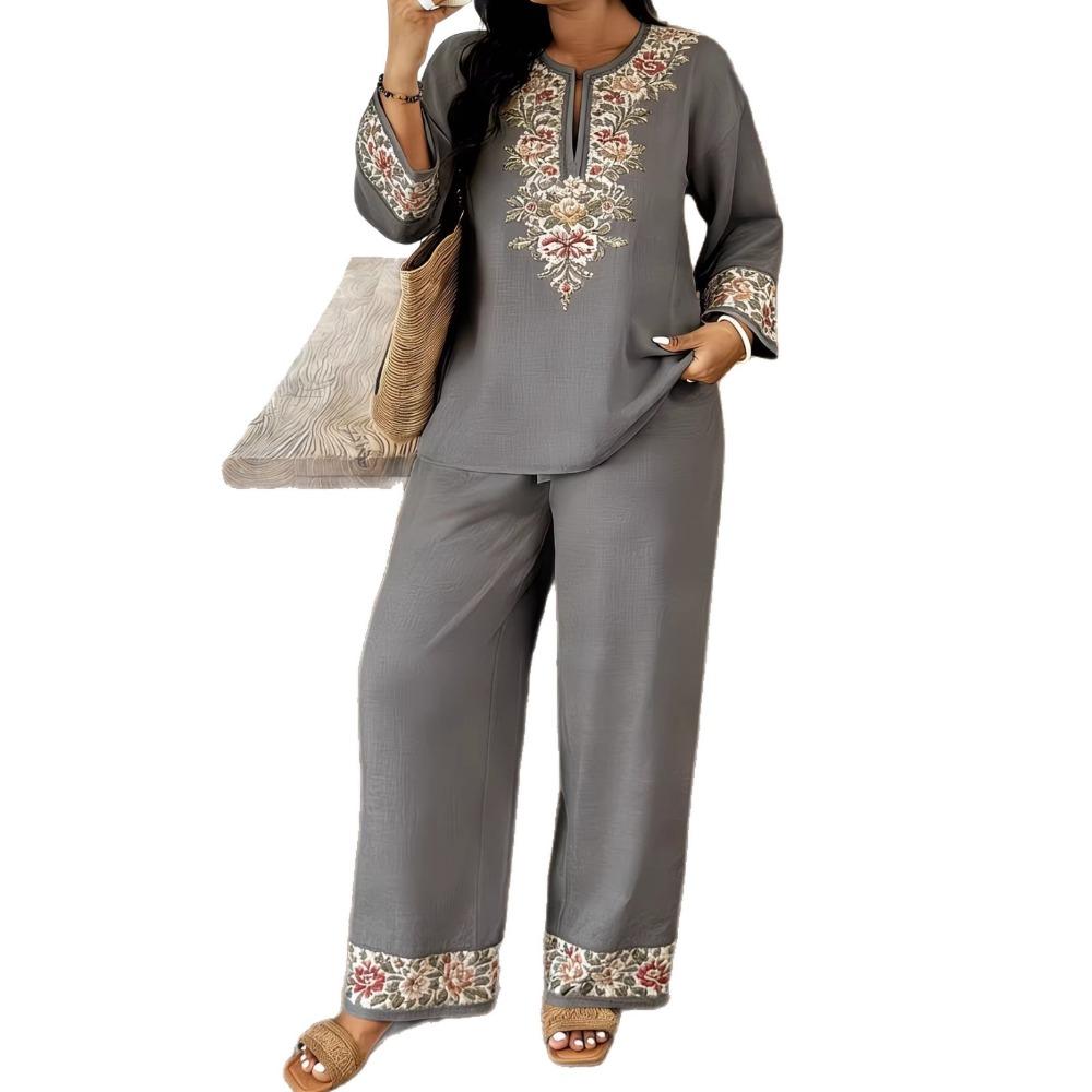 Damen Frühling Sommer Neues 2-teiliges Outfit, V-Ausschnitt 3/4-Ärmel Knopfleiste Hemd & Bedruckte Elastische Taille Lange Hose Set, Digitaldruck Maschine Lässiger Anzug