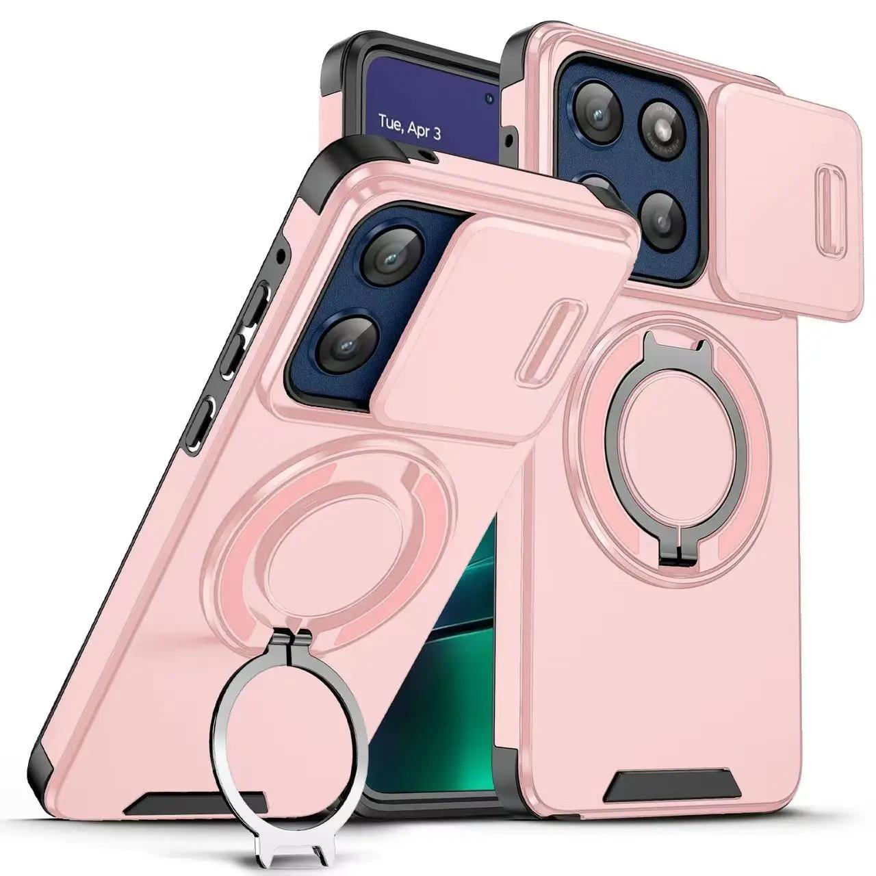 

Shockproof Magnetic Phone Case for Motorola moto G 5G G Stylus Power play 5G 2025 Slide Camera Lens Ring Stand Protect Cover Moto G Play 5G 2025 розовый