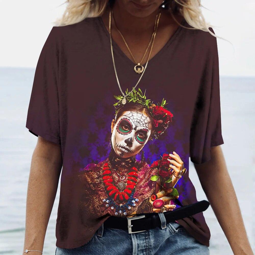 Nová dámská trička Skull Beauty Print Harajuku Y2k Streetwear Day of the Dead Oblečení Topy Dámské Oblečení nadměrné velikosti Letní 6xl