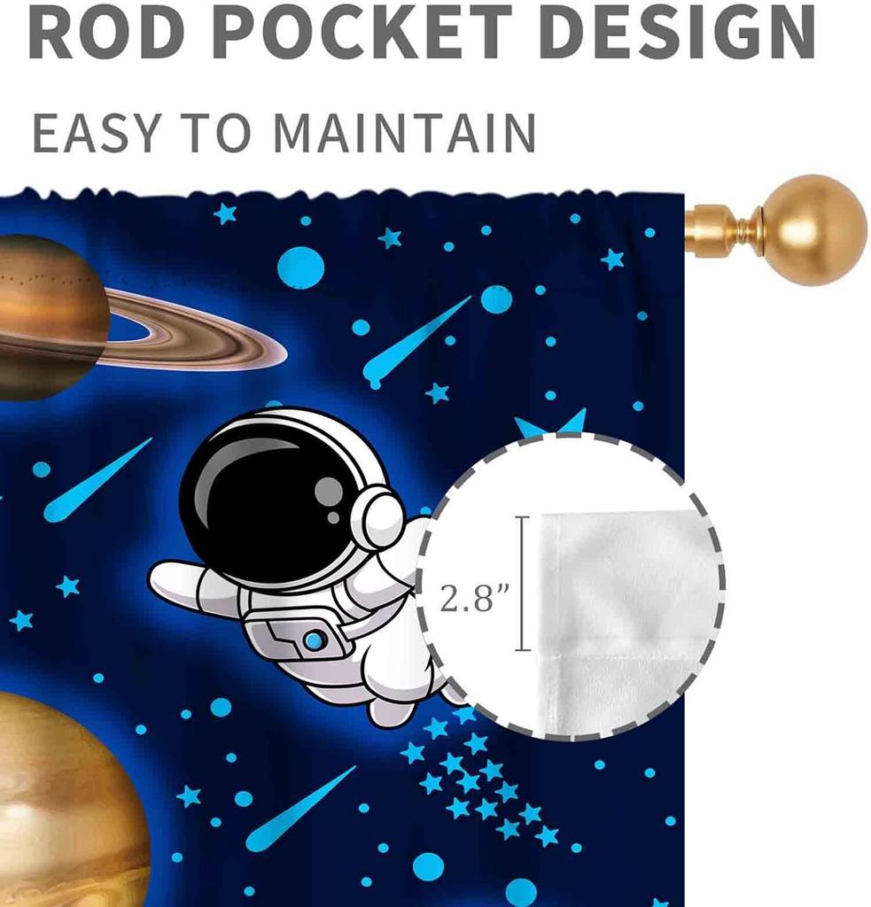 Space Curtains Kids Boys Solary System Universe Outer Planet Astronaut Galaxy Window Drapery Treatments Curtain Light Blocking Polyester