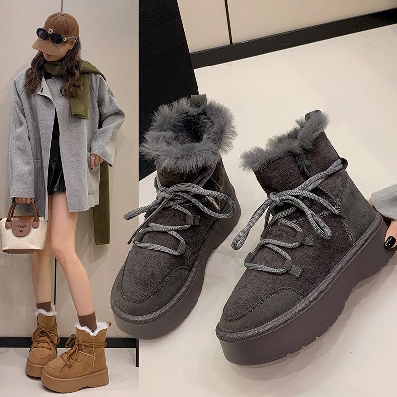 Women's one-step elastic thick sole winter fur one warm cold padded snow boots non-slip wear casual sports short cotton boots