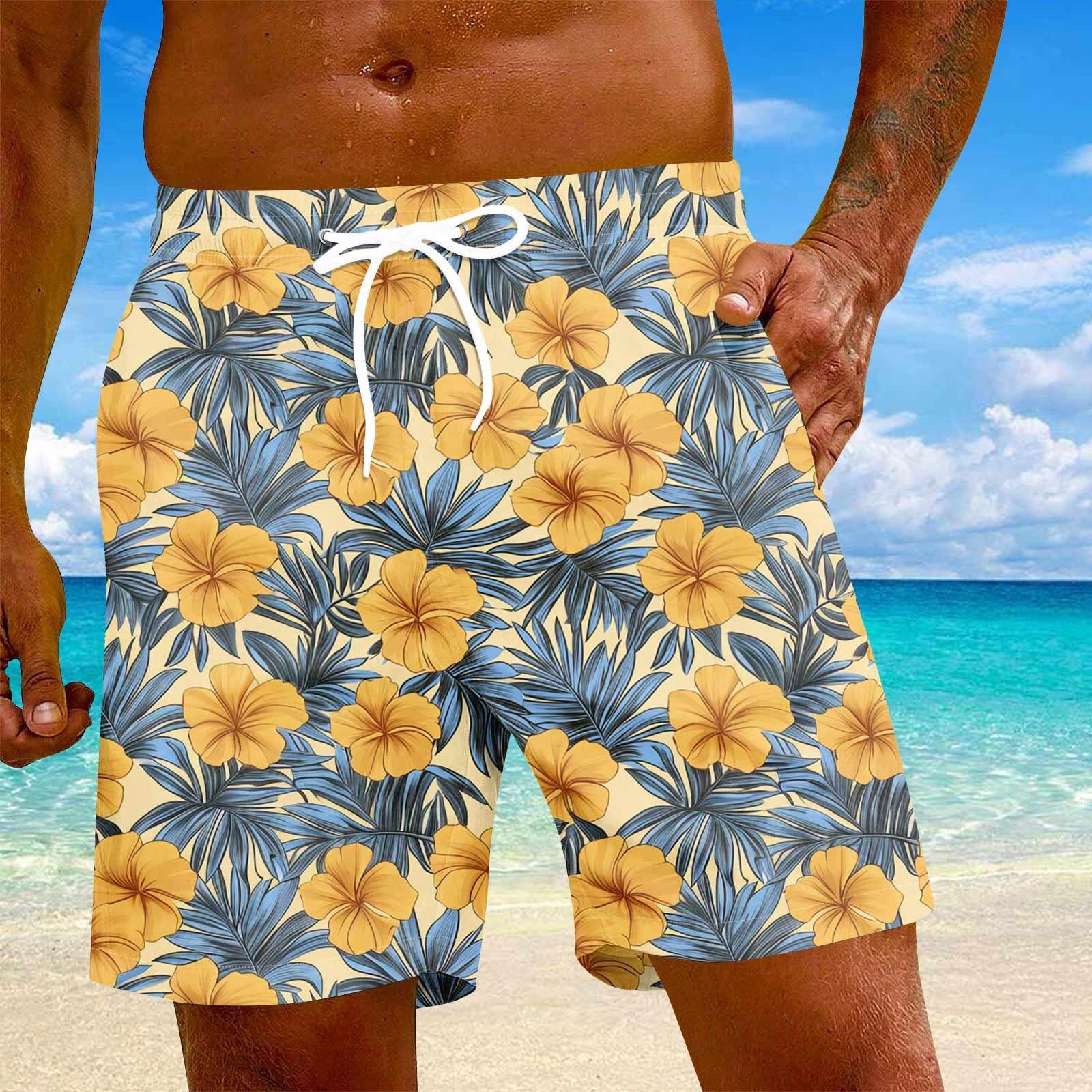 

Мужские модные гавайские принты с эластичной талией, повседневные штаны для йоги, пляжные шорты XL жёлтый