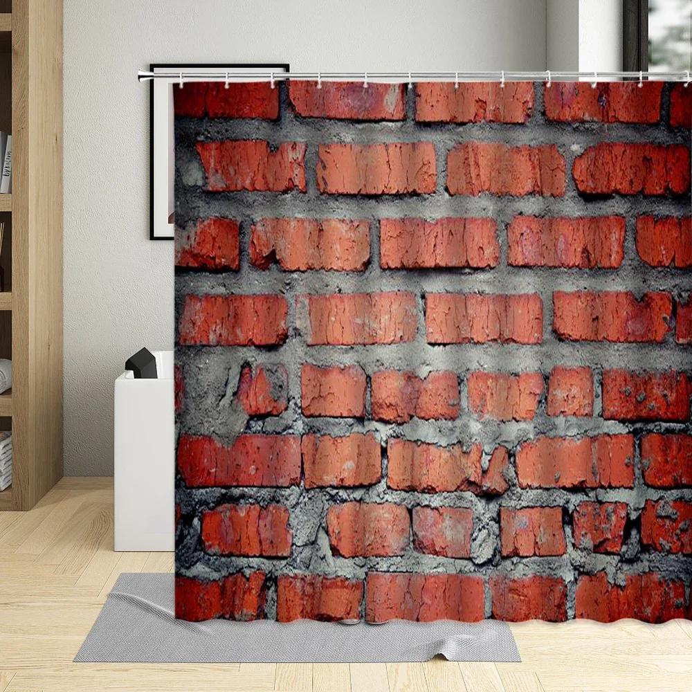 Stone Wall Brick Texture Shower Curtain Set Retro Geometric Red Gray White Bathroom Decor Bathtub Screen Curtains Polyester Hook