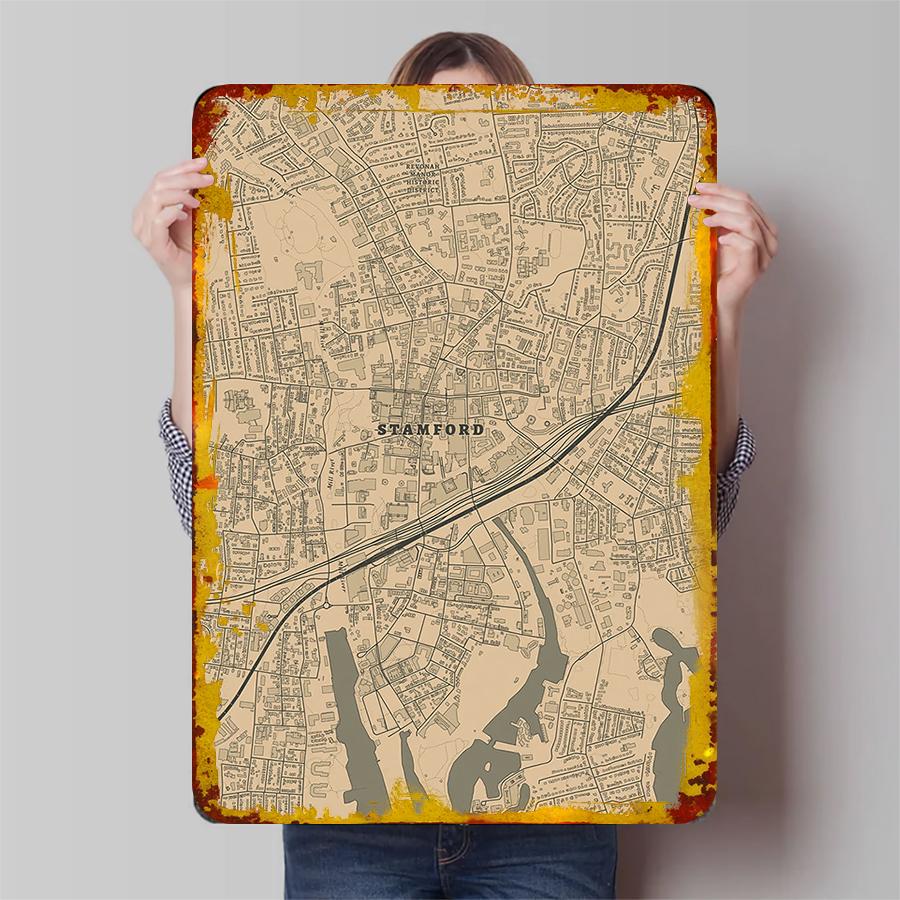Stamford City Map Vintage Metal Wall Art Decorative Iron Painting for Home Office Decoration 20x30cm(7.8x11.8inch)