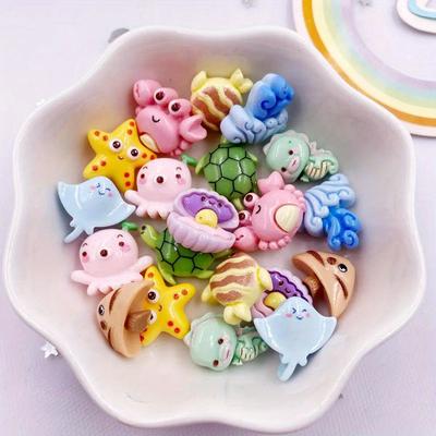 10pcs Colorful Resin Mini Turtles Crabs Fish Starfish Seahorses Seaweed Marine Organism Figurines Flat Back Scrapbook DIY Jewelry Making Accessories