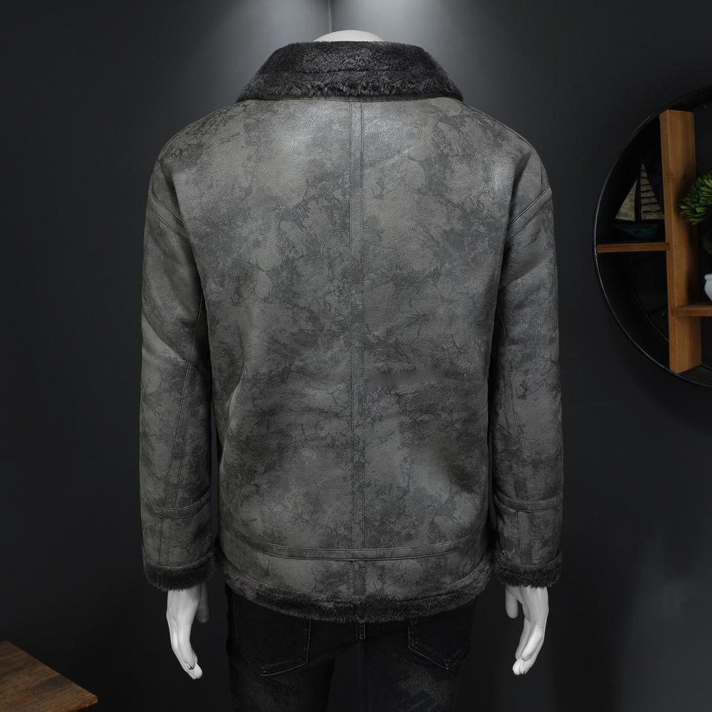Men's Hong Kong Style PU Leather Fur-Lined Jacket