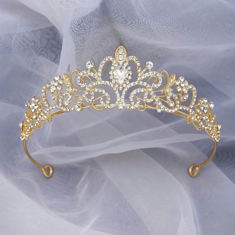 Elegant Golden Princess Tiara – Sparkling Rhinestone & Glass Stone Bridal Crown for Weddings, Balls, Birthdays | Women's Alloy Party Headpiece