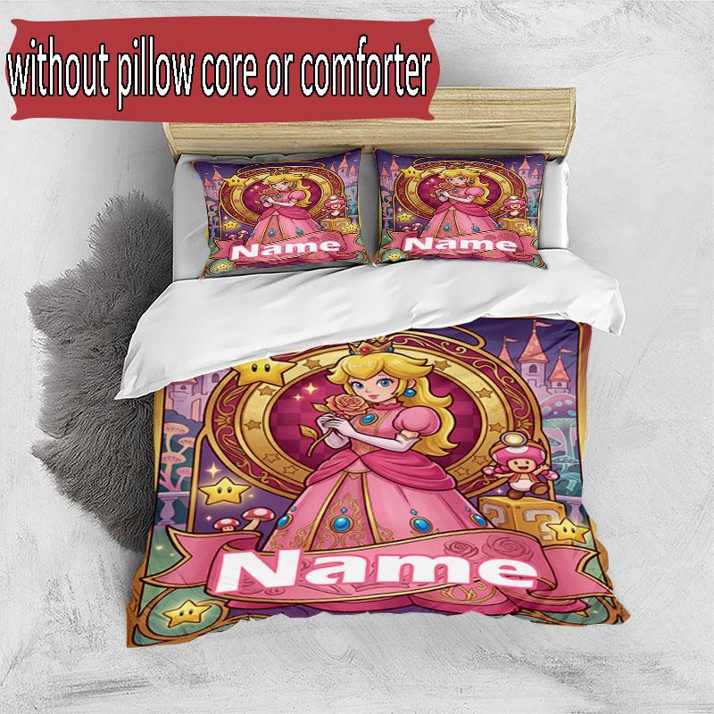 3pcs Duvet Cover Set (1*Duvet Cover + 2*Pillowcase, Without Core), Custom Name Princess Peach Toadstool Pattern Bedding Set, Home Bedroom Decor Gift