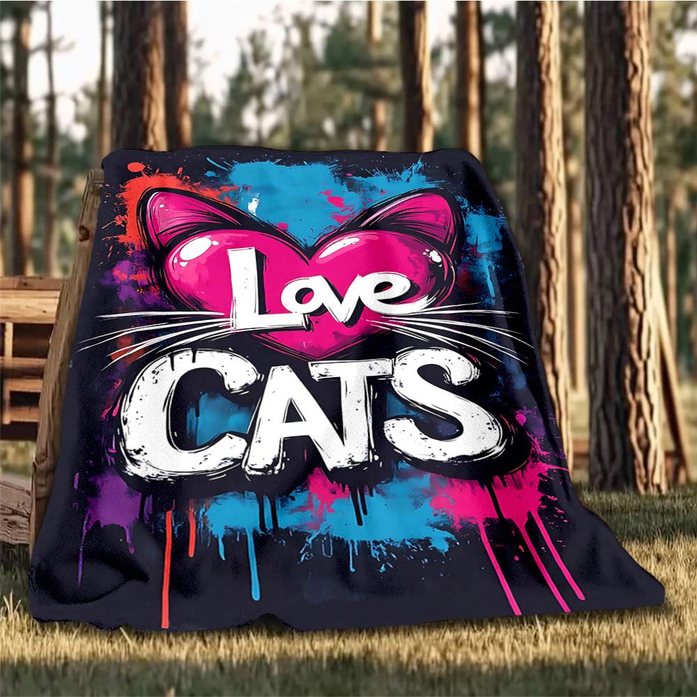 1pc Love Cats Print Outdoor Flannel Blanket Soft All Season Polyester Throw , Perfect for Picnics & Travel , Picnic Accessory