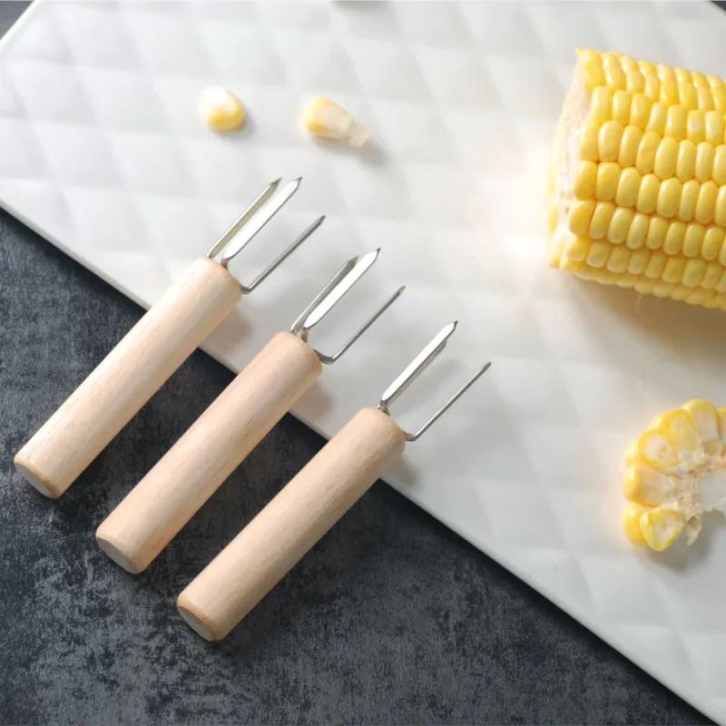 Fourchette à maïs en acier inoxydable avec tête de fourchette dure et pointue et manche en bois à prise confortable, outils de barbecue, fourchette à fruits pour pique-nique et cuisine à la maison