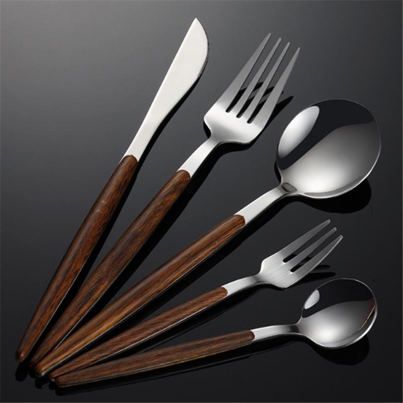 5PCS Stainless Steel Portuguese Tableware Sets Clip Wooden Handle Knife Fork Spoon Gold Cutlery Set Household Utensils for Kitch
