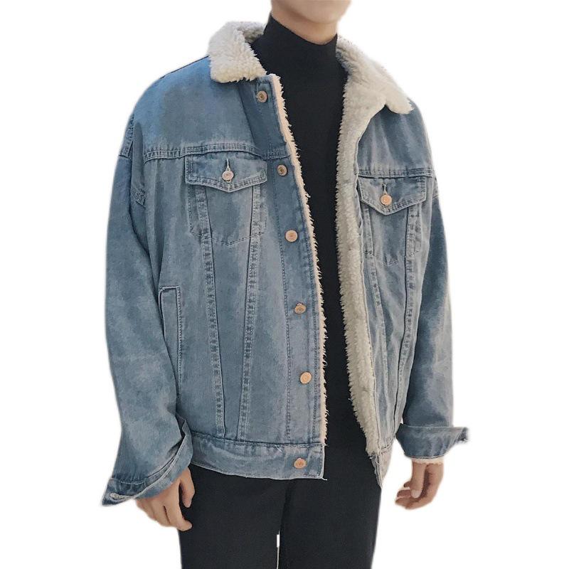 Men's Korean Style Winter Lambswool Denim Jacket - Fleece Lined, Thick Cotton, Trendy and Versatile