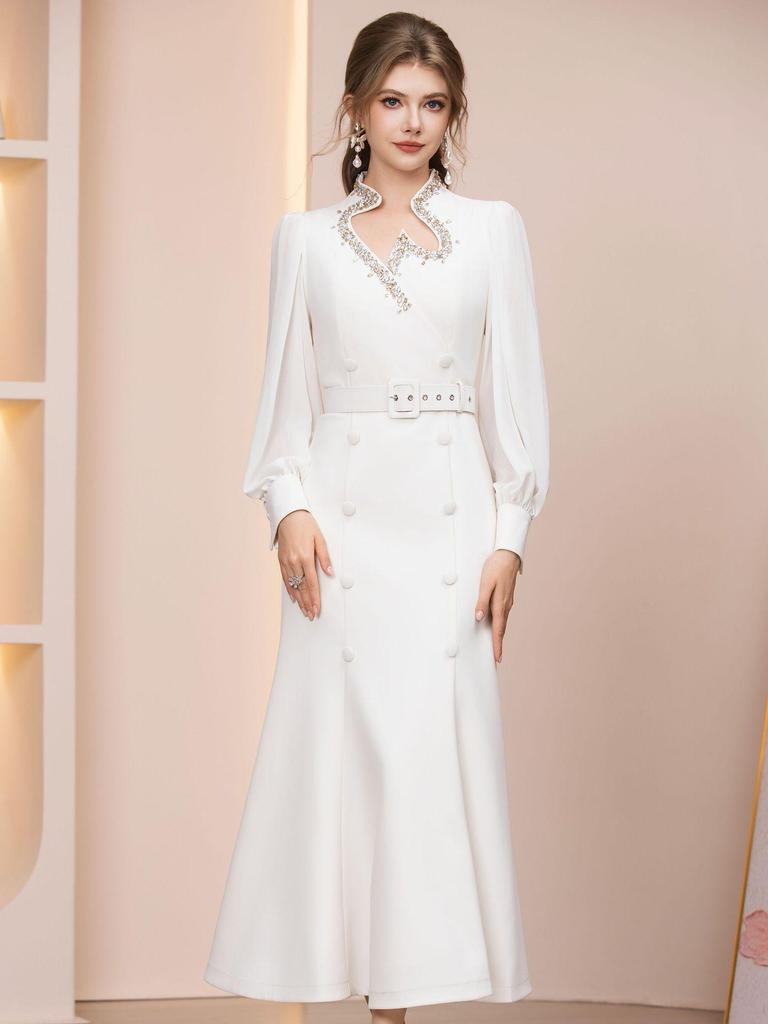 Zhi Li Elegantes Meerjungfrauenkleid mit Strass-Stickerei, Taillenbetonendes Design, Weiß - Perfekt für Besondere Anlässe (Frühjahr 2026 Neu eingetroffen)