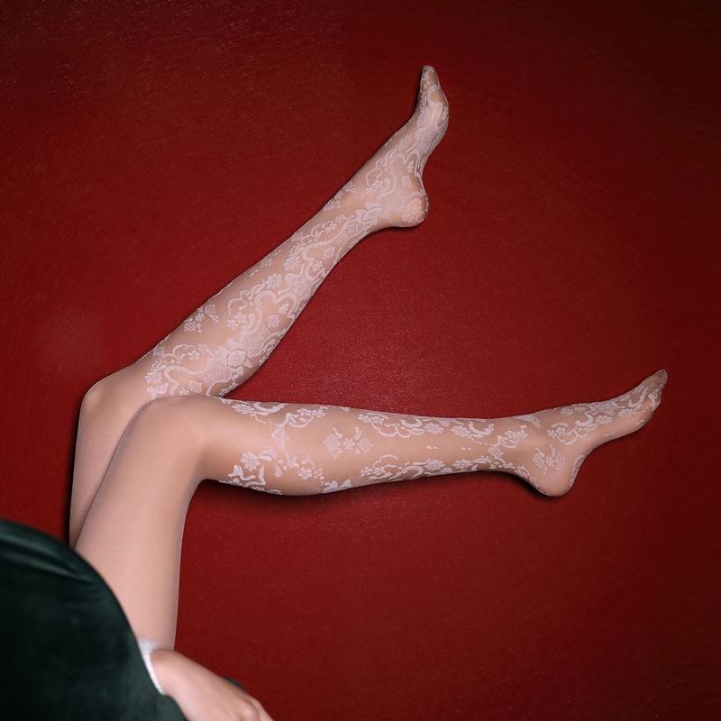 Retro Elegant Hollow Floral Jacquard Thin White Lace Stockings Sexy Pattern Fashion Pantyhose Women Nightclub Long Socks S60