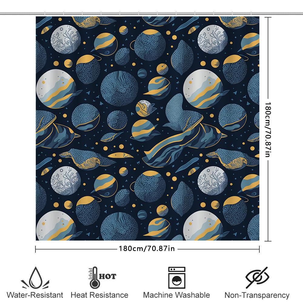 Space-Themed Shower Curtain: Blue Planets Design Bathroom Decor For Kids Adults Waterproof Fabric Shampoo Bag Cover
