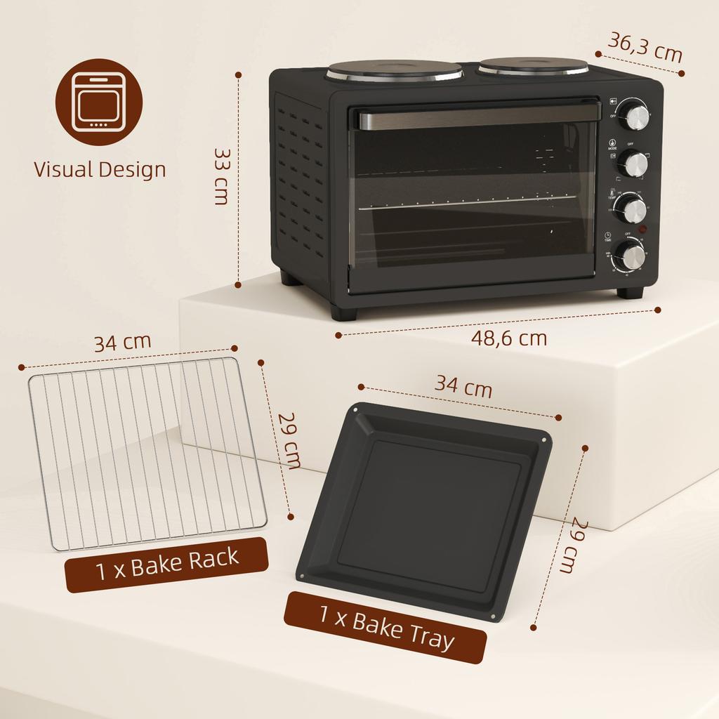 28 L Toaster Oven, Compact Oven for Cooking and Grilling, Electric Oven with Baking Tray, Grill Rack, 2600W, Black