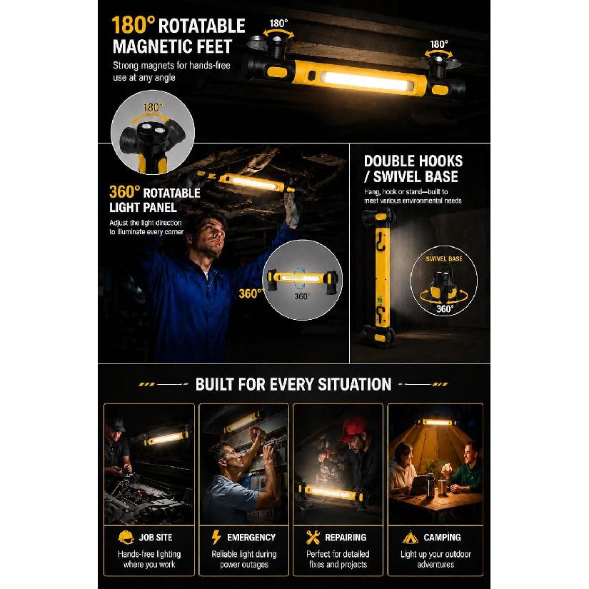 Magnetic Work Light, 3 Color Modes & 3000LM Ultra Bright Under Hood Lights, 5200mAh Rechargeable Magnetic Light Bar with Hooks, Portable Mechanic