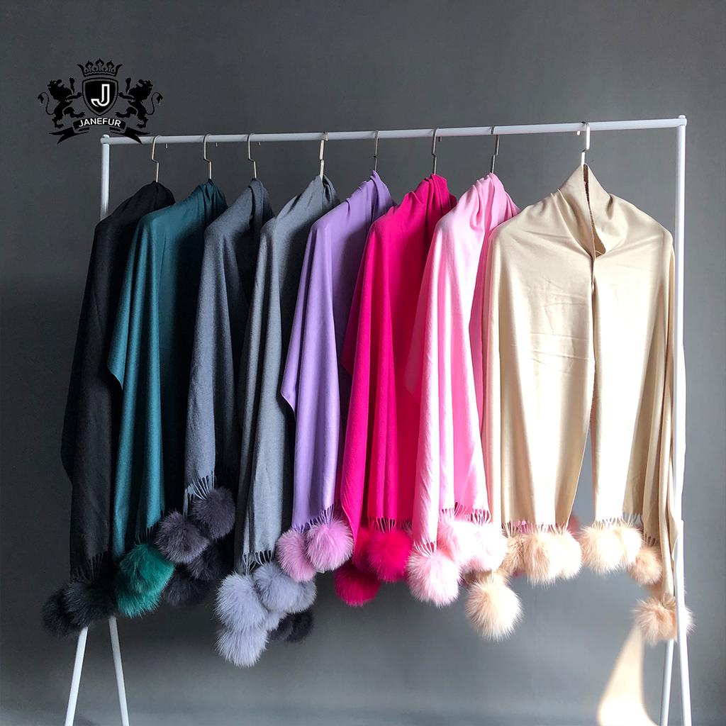 Factory Direct Pashmina Shawl Women Cashmere Scarf Shawl With Fox Fur Pompoms