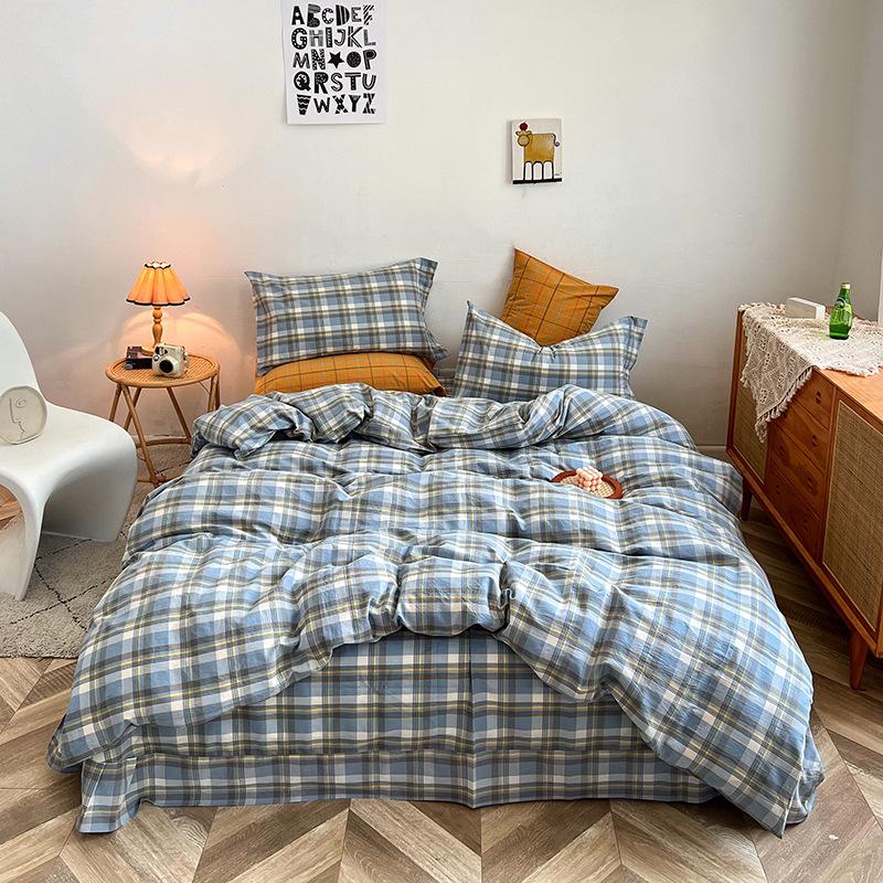 100% Cotton Yarn-Dyed Washed Plaid 4-Piece Bedding Set - Skin-Friendly & Breathable for 1.8m Bed 1.8m Bed Sheet 4-piece Set