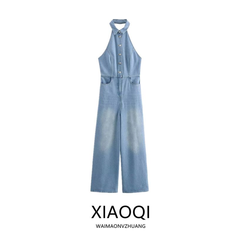 Fashion Style 2024 Autumn New Arrival Women's Stylish Hanging Collar Easiest for Match Denim Jumpsuit Pants 6147125