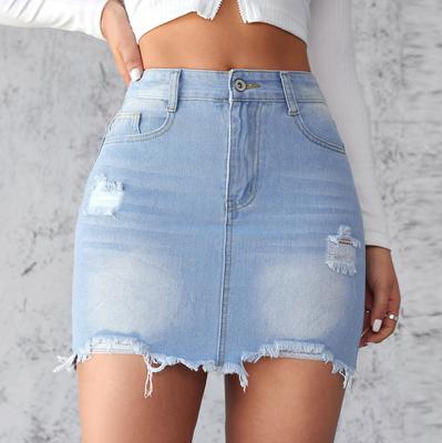 Women Summer High Waist Denim Skirts Ripped Hole Jean Pockets Mini Skirt