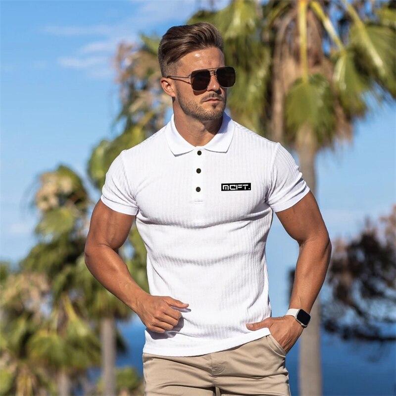 Muscleguys Men's Gym Clothes Summer Bodybuilding Comfortable Lapel Short-sleeve Youthful Printed Knitted Shirt Fashion Casual Streetwear