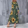 Women Plus Size V Neck Long Sleeve White Floral Printed A Line Midi Dress With Pockets