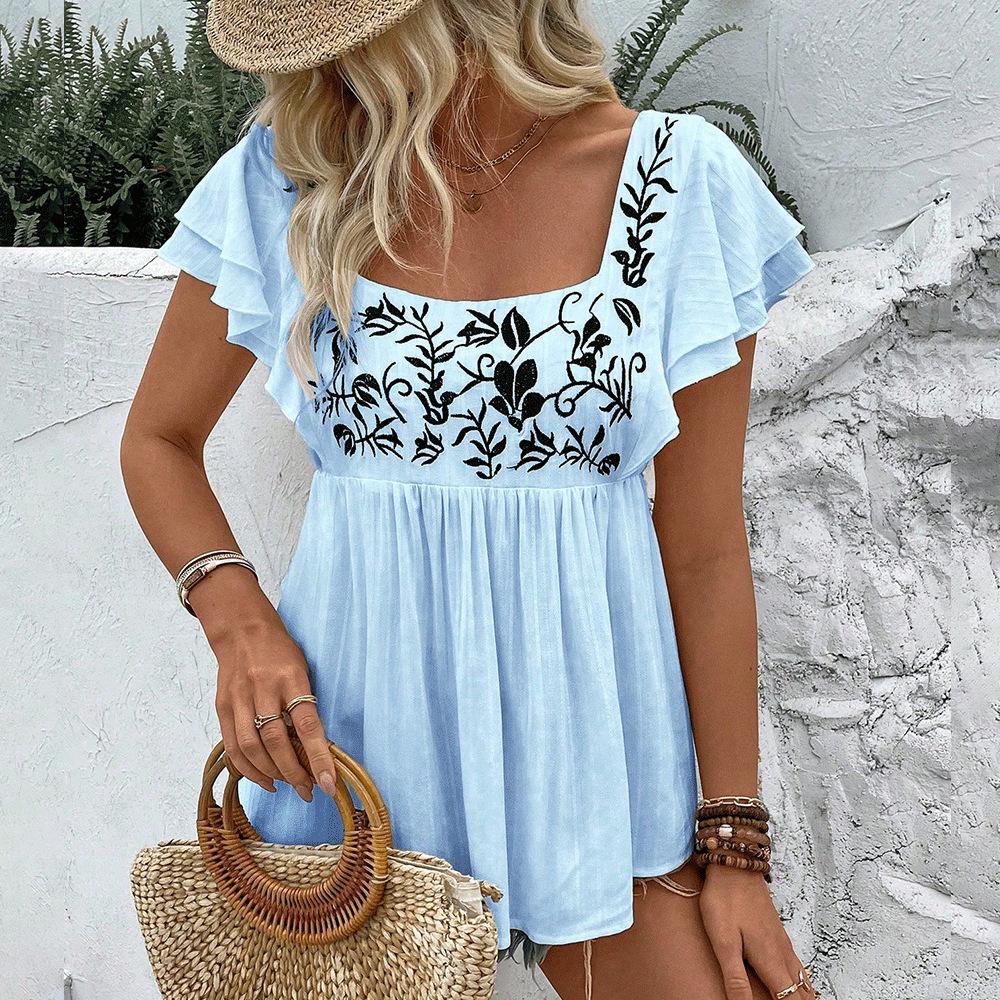 European and American women's clothing lace square collar short sleeve European and American 1116 new embroidered shirt spring and summer cool and
