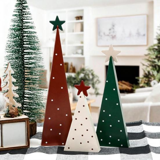 Reusable Festive Home Accents 3Pcs Wooden Christmas Tree Ornament, Polka Dot Cone Decor with Tiered Tray Decoration Star Topper, Rustic Farmhouse