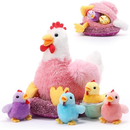 Skylety Chicken Stuffed Animal Plush Toy Egg Laying Hen with Zippered Belly, Hen House and Little Baby Chicks for Christmas Decorations Stuffers