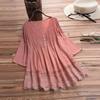 Floral Lace Hem Blouse Women Half Sleeve Hollow Out Stitching Buttons Decor