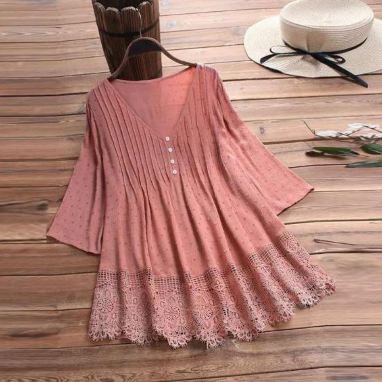 Floral Lace Hem Blouse Women Half Sleeve Hollow Out Stitching Buttons Decor