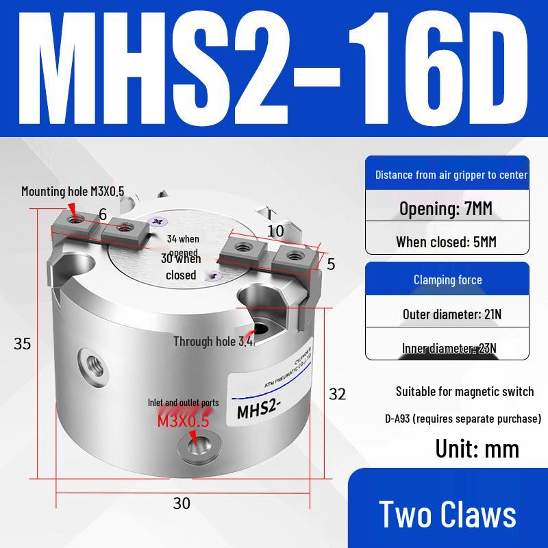 Pneumatic Gripper with Dual, Triple, and Quad Jaw Options: MHS2/3/4-16D/25D/40D/50/63D Clamping Cylinder
