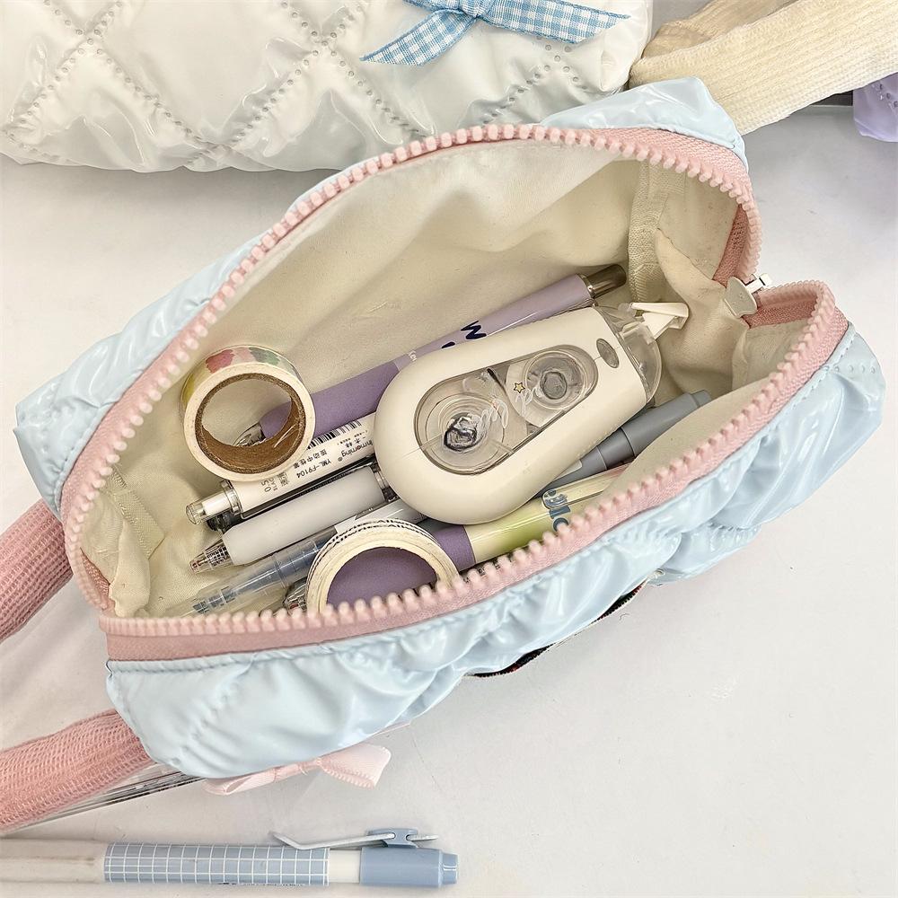 Ins Korean Style Large Capacity Cosmetic Bags Glossy Bow Cute Makeup Bag for Girls Students Tote Waterproof Pencil Case