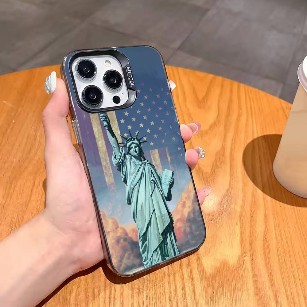 Statue L-Liberty America USA Flag Phone Case For iPhone17,16,15,14,13,12,11,Pro,MAX White Matte Shockproof Cover