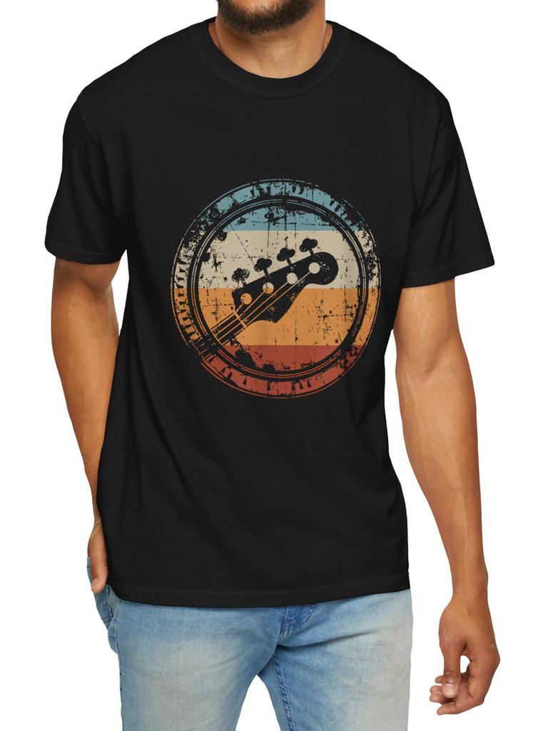 Mens casual Tshirt short sleeved guitar pattern design black with orange and red stripes lightweight and breathable in summer