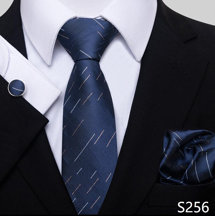 Newest Style Holiday Present Tie Pocket Squares Cufflink Set Necktie Men Dark Blue Wedding Accessories Office Cravat
