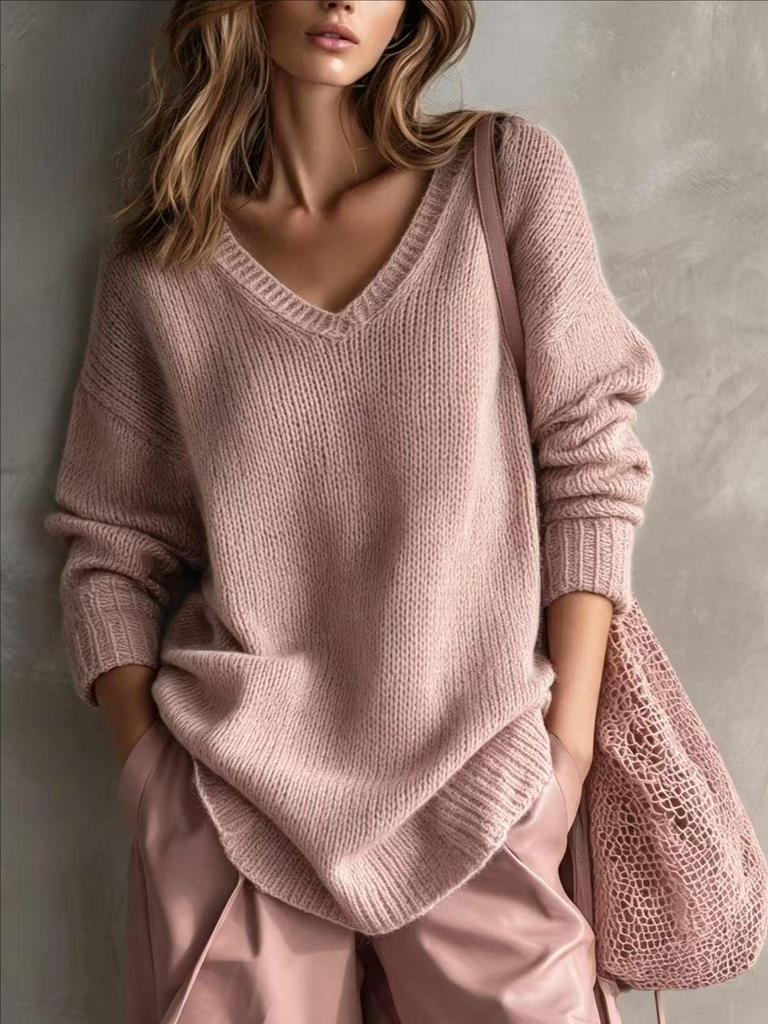 2026 Women's Knit V-Neck Sweater Coat - European & American Fashion - Autumn/Winter Solid Color Arrival
