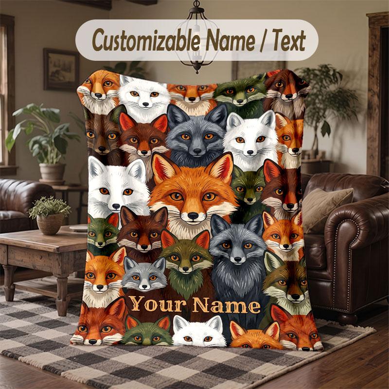Wolf Fox Theme Throw Blanket Custom Name Text Personalized Blanket Soft Cozy Blanket for Home Sofa Bed