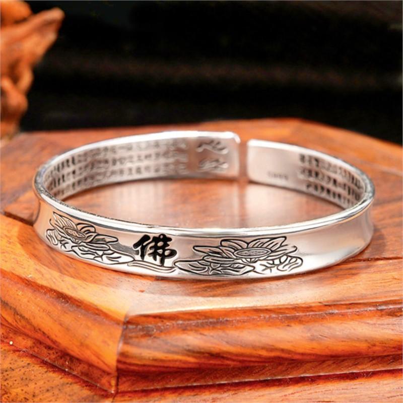 Simple Ethnic Style Lotus Heart For women 925 Sterling Silver Aged Retro Buddha Character Flower Opening Bracelets  TYB607