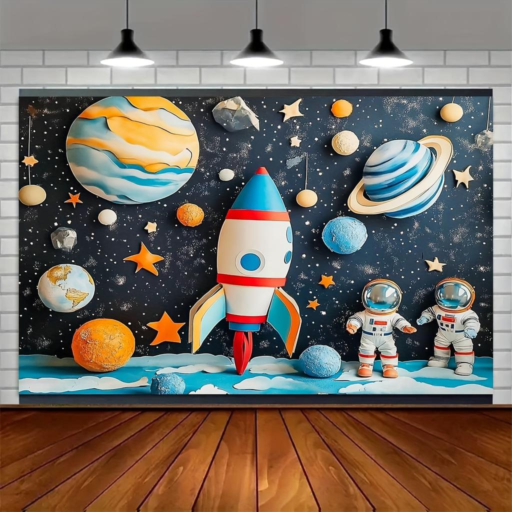 1pc 2D Flat Background Banner with Cartoon Astronaut Rocket and Planet Pattern Background Decoration