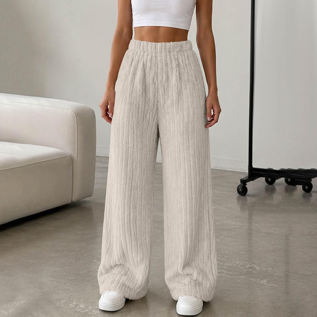 Winter Pants for Women Elastic Waist Fuzzy Wide Leg Casual Trousers