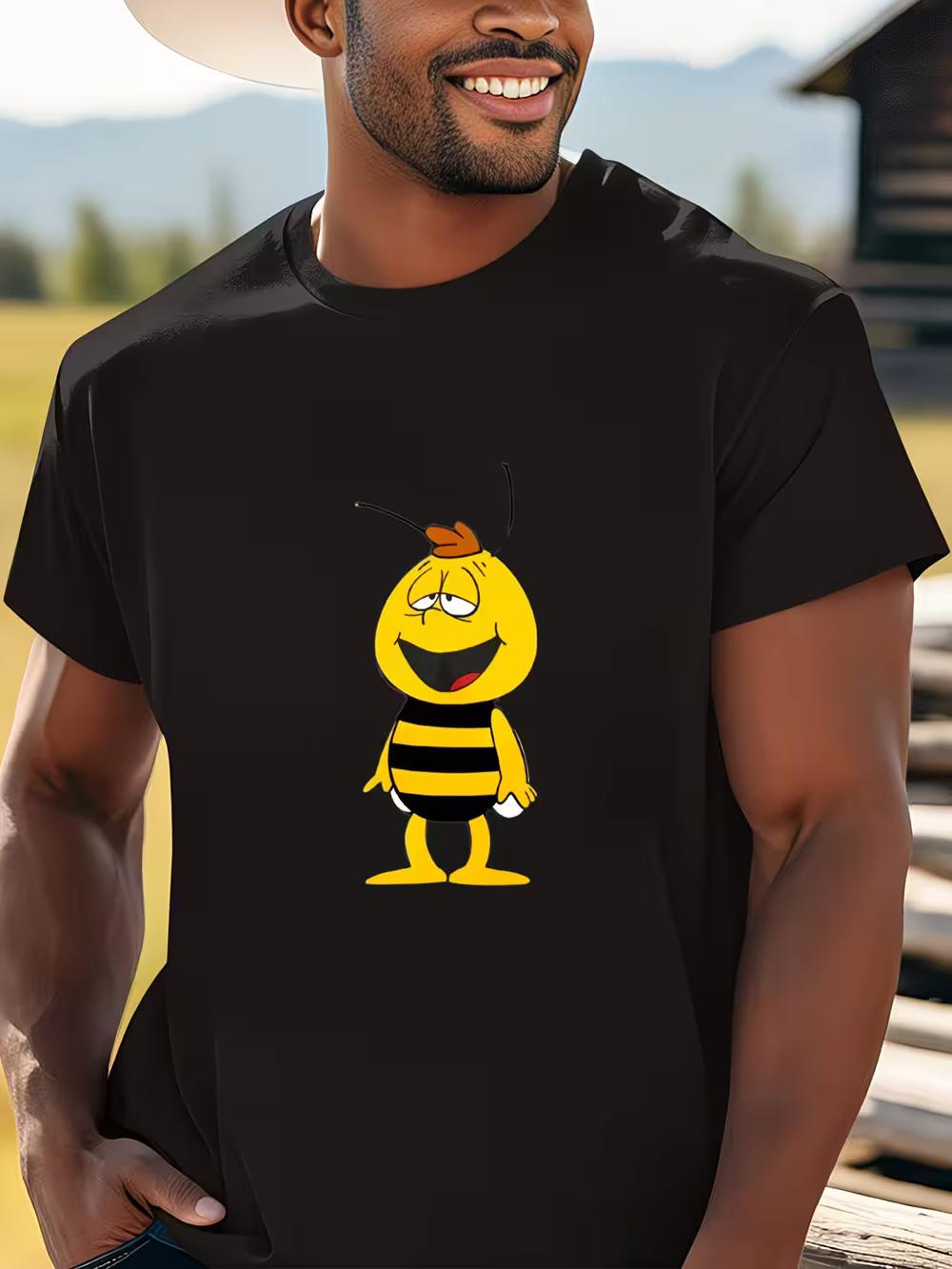 Willy Men s Anime Bee Character T-Shirt - Black Casual Short Sleeve with Willy the Bee & Smiling Face Design XXXL