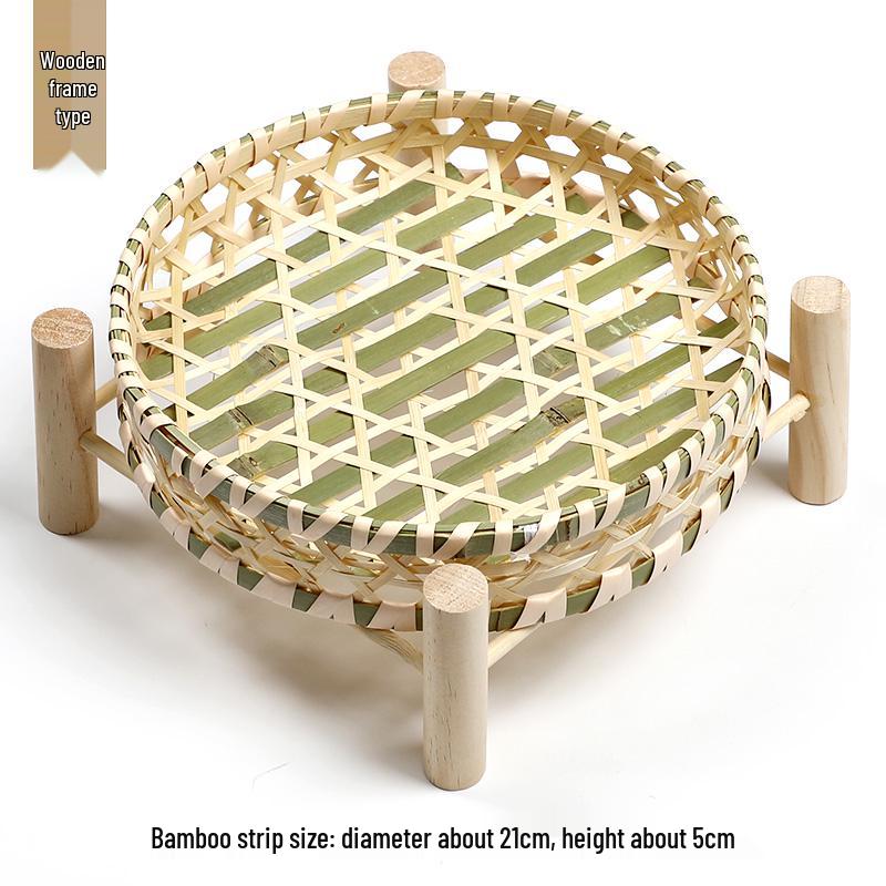 Handmade Bamboo Woven Basket Set - Round Winnowing Basket and Snack Plate for Hotel or Restaurant Use