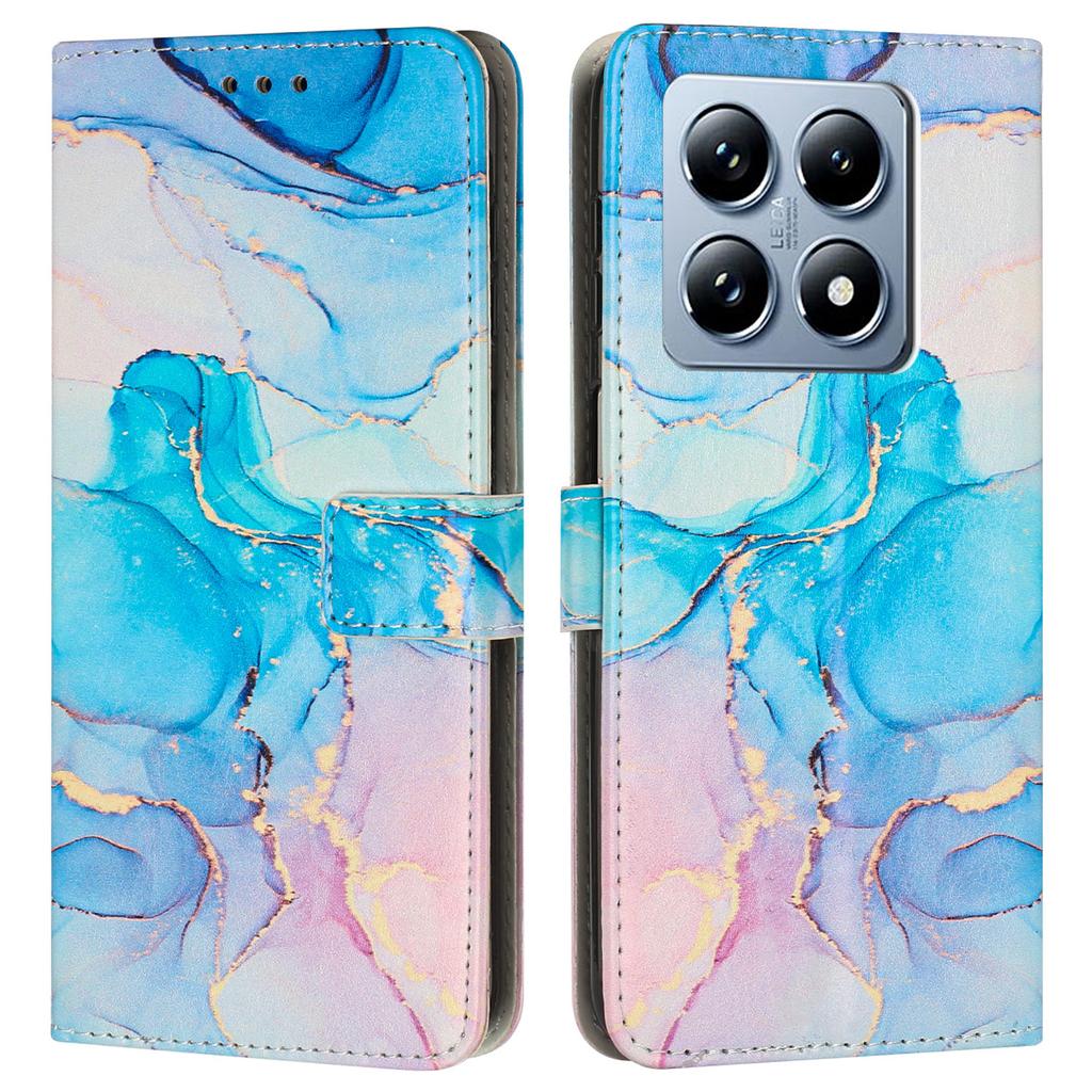 For Xiaomi 14T Stand Case Marble Pattern PU Leather Wallet Phone Cover with Wrist Strap