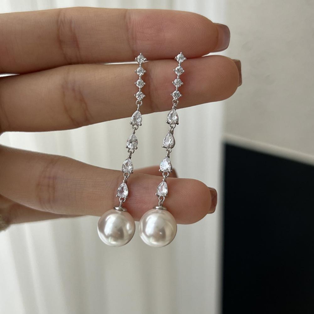 Super flash zircon long fringed pearl earrings 925 sterling silver temperament light luxury stud earrings