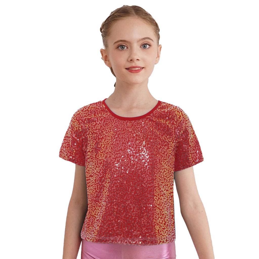 Girls Shiny Sequins Round Neck Short Sleeve T Shirt Cheerleading Dance Performance Stage Party Top