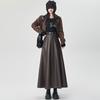 Vintage PU Leather Women Midi Skirts Y2K Autumn High Waist Streetwear with Belt Pleated Skirt Female Elegant Solid A Line Skirts